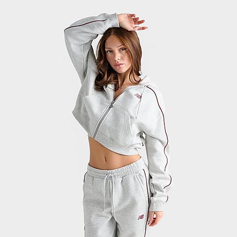 Women's Piped Cropped Full-Zip Hoodie in Ash Heather/Burgundy
