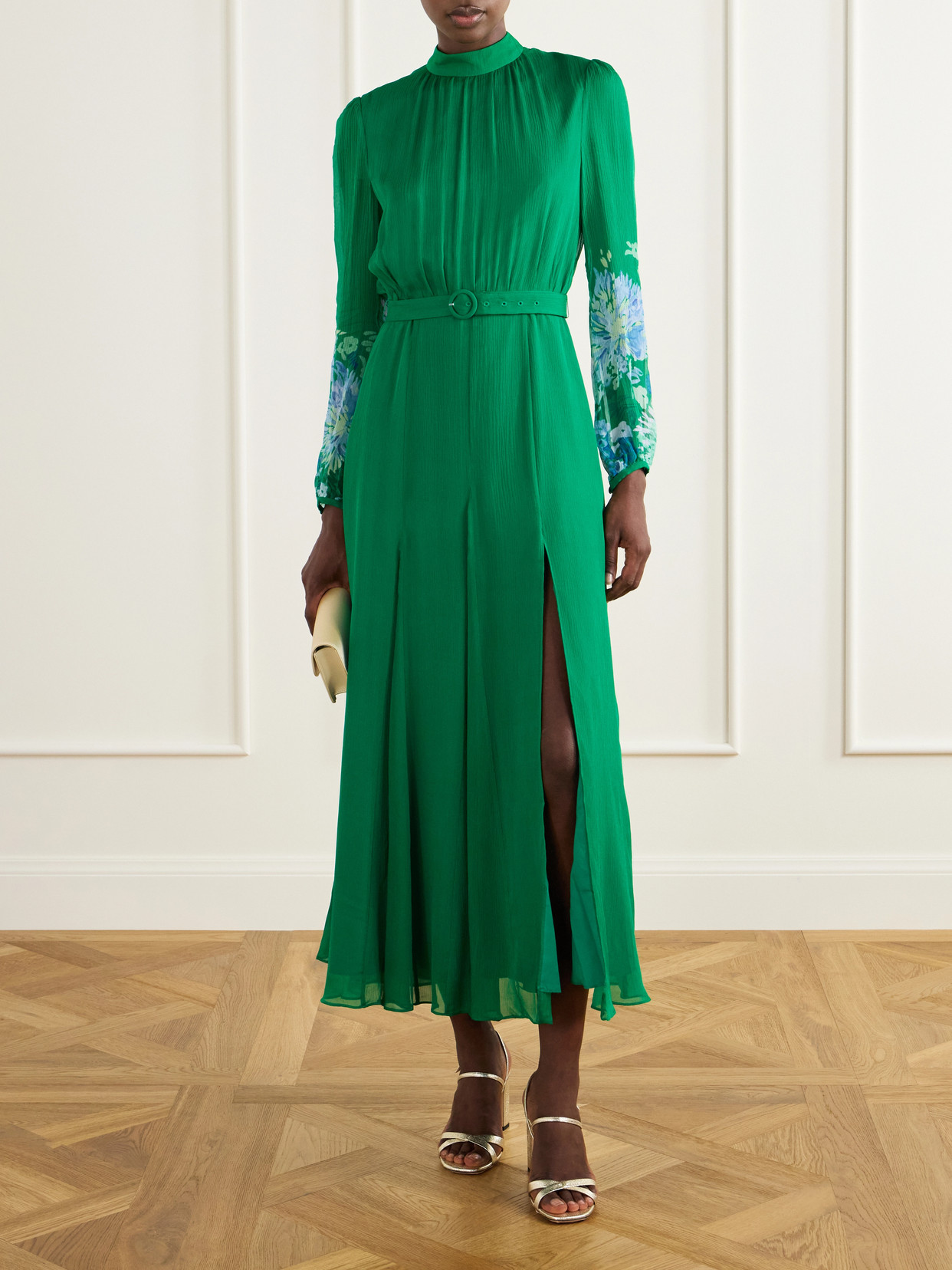 Jacqui D Belted Flower-printed Silk-chiffon Midi Dress - Green
