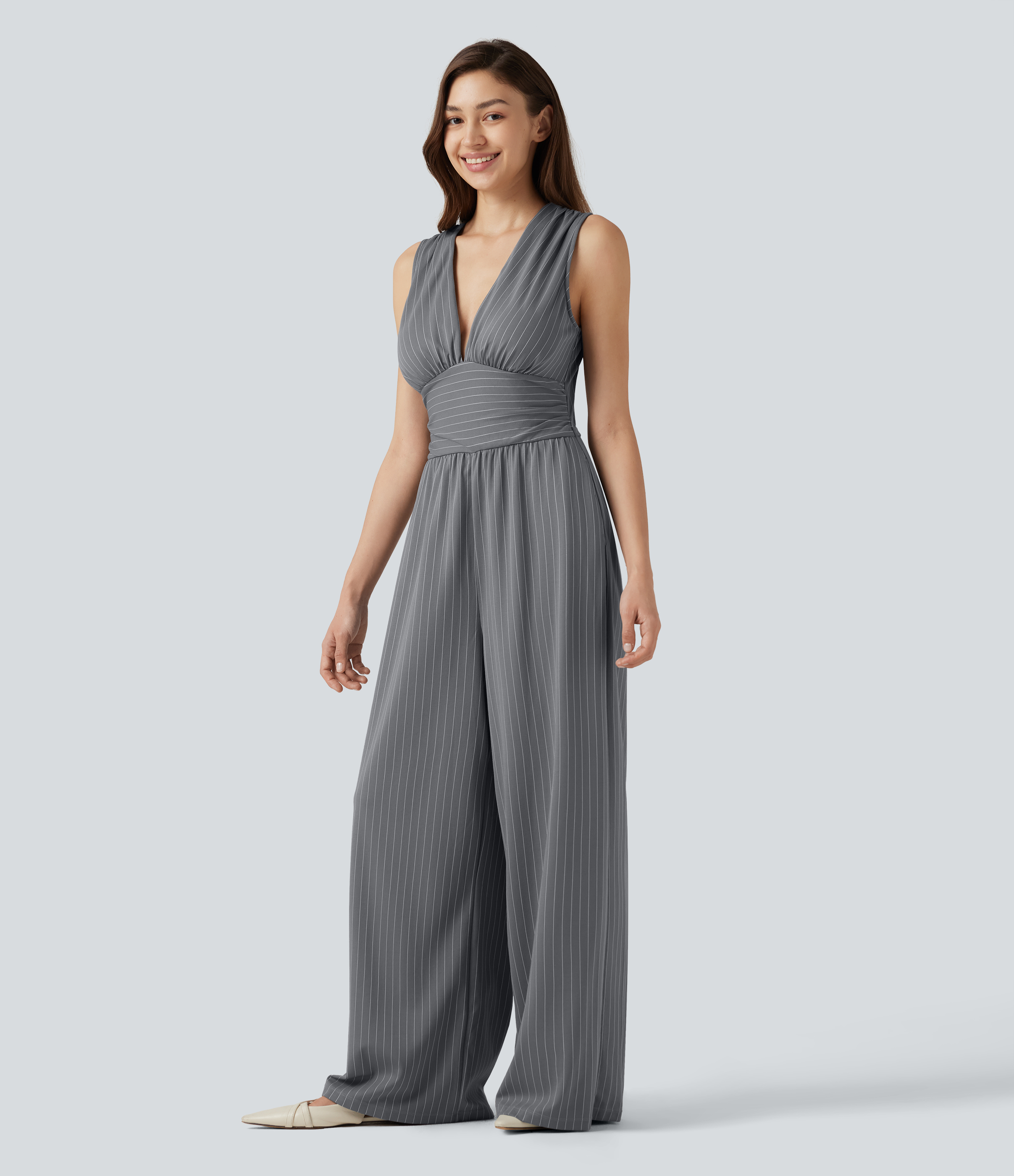 V Neck Sleeveless Ruched Stripes Work Jumpsuit with Pockets-Easy Peezy  - Slate Pinstripe