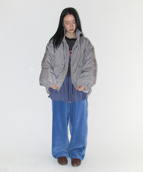 PATTERN SHIRRING POCKET PUFFER JUMPER STAR GREY