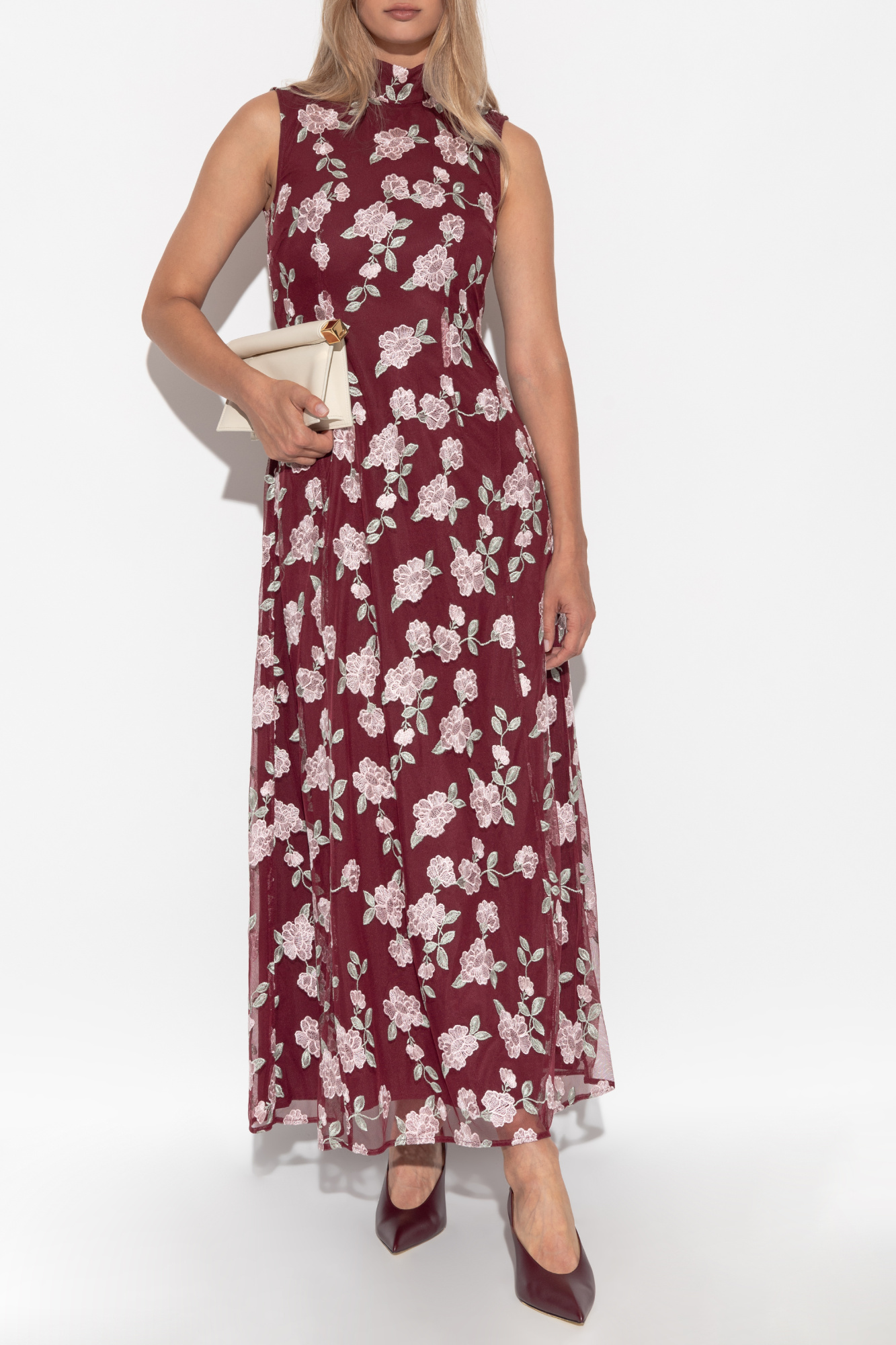 Dress With Floral Motif, Women's, Burgundy