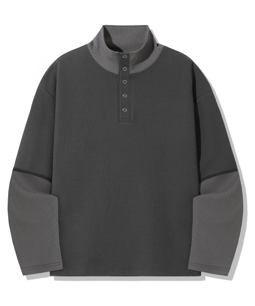 Waffle Ring Snap Collar Henley Neck Long Sleeve_Charcoal