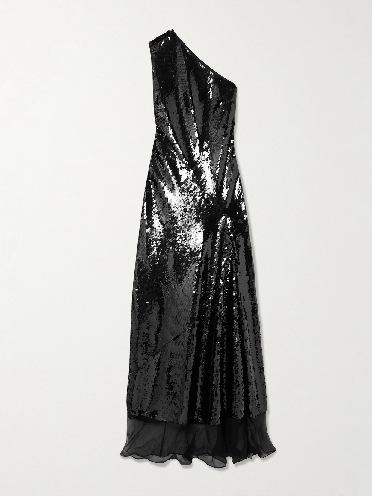 One-shoulder Chiffon-trimmed Sequined Tulle Gown - Black