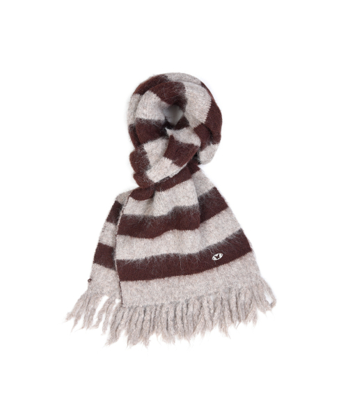 STRIPE HAIRY FRINGE MUFFLER_BROWN