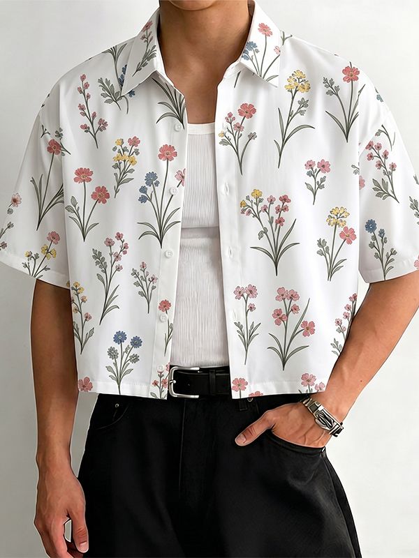 Men's Vintage Floral Botanical Print Cropped Short Sleeve Resort Shirt SKUL68331 - White / S