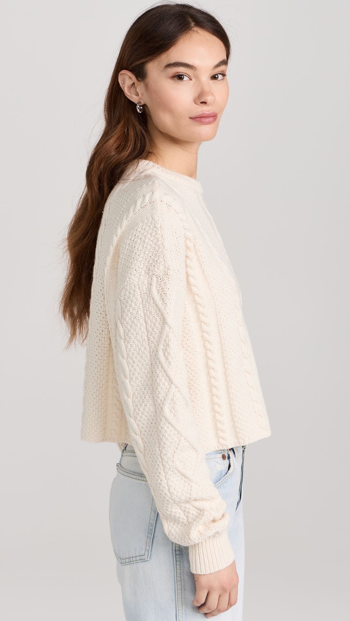 Cable Cropped Crew Sweater Ivory