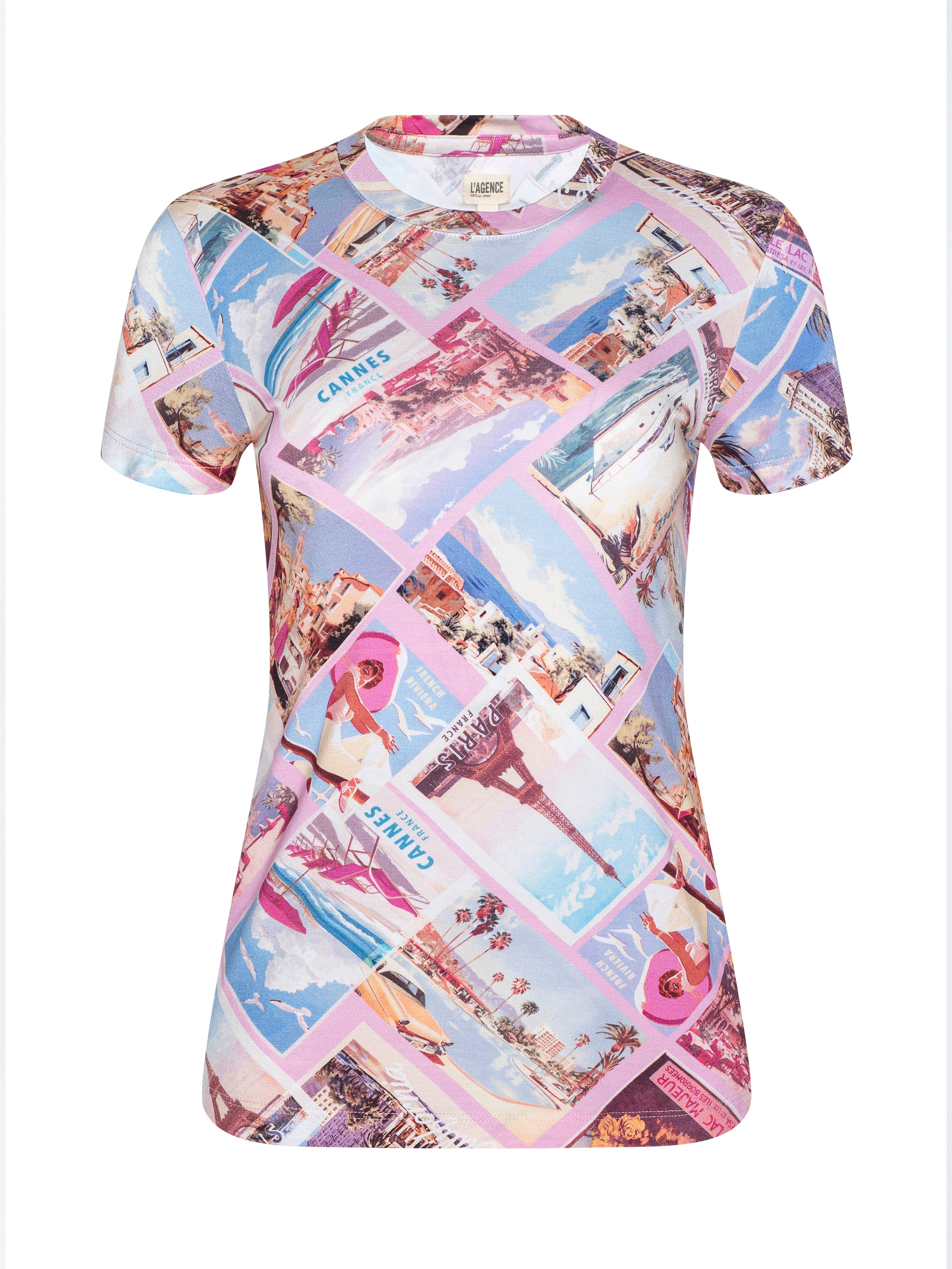 Ressi Fitted T-Shirt In Light Pink Multi Postcard Print