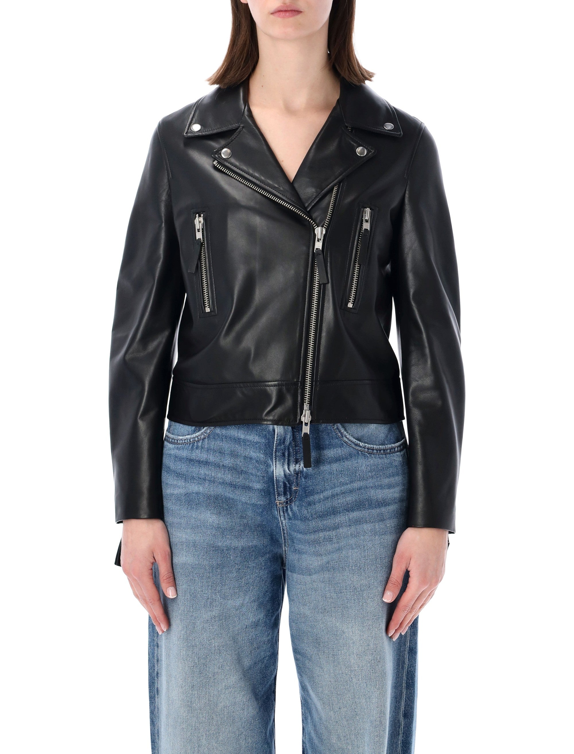 Cropped Zip-front Leather Jacket