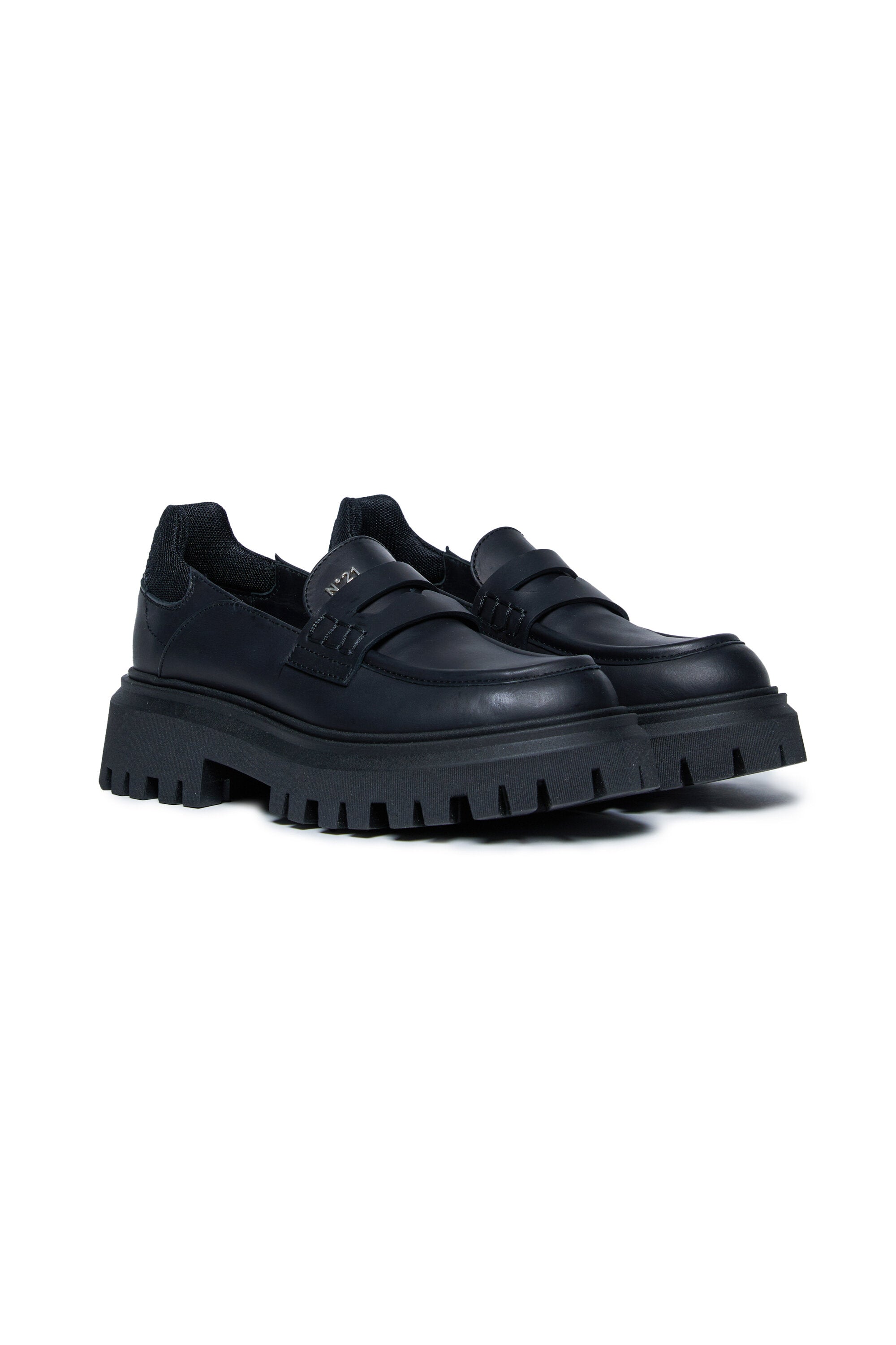 Leather loafers with track sole - Girl - Black