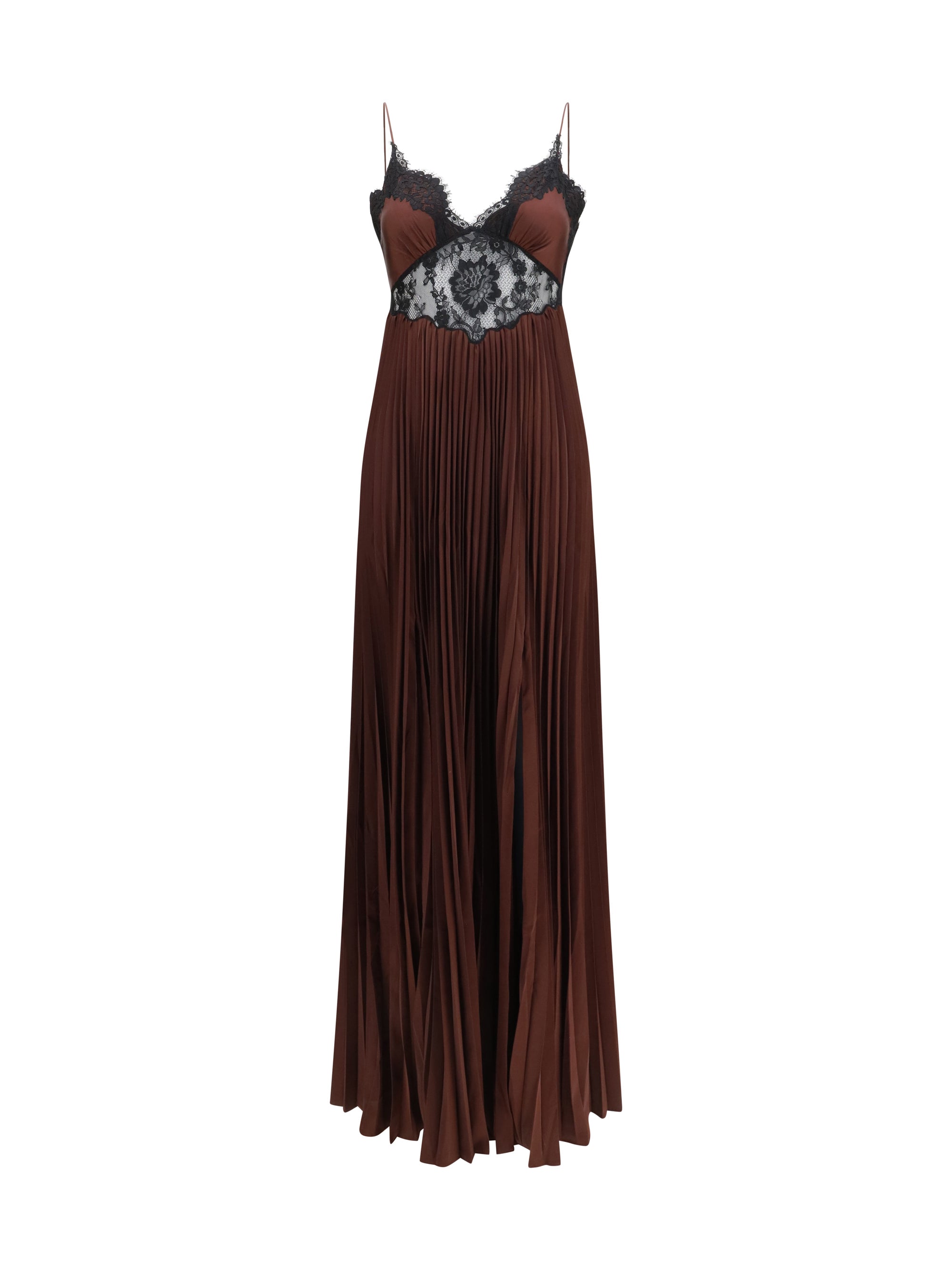 Satin with Lace Inserts Dress — Brown