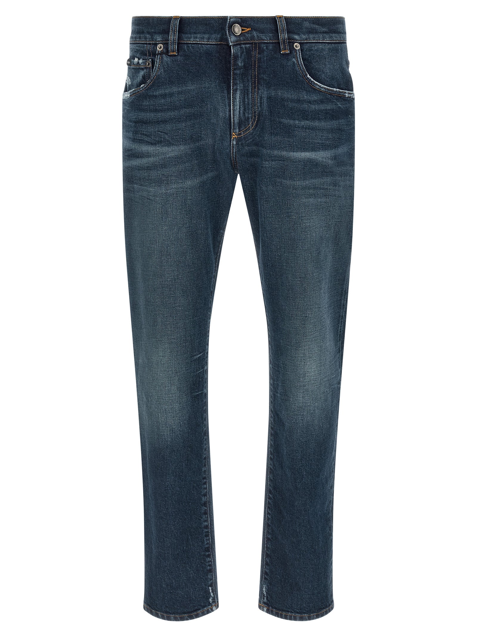 Stone-Washed Cotton Denim Jeans — Blue