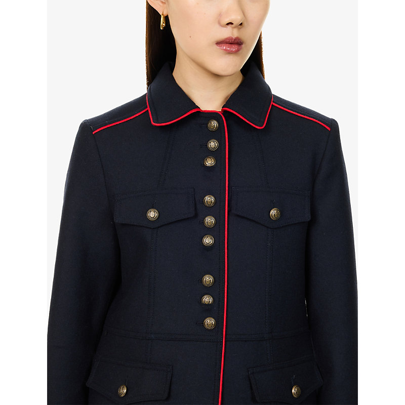 Womens Piped-Trim Wool-Blend Utility Jacket