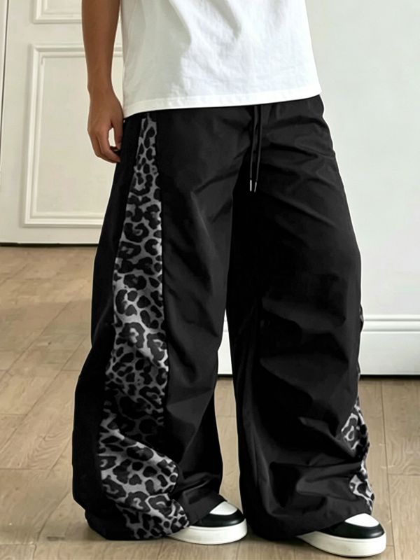 Men's Y2K Streetwear Leopard Print Side Stripe Oversized Baggy Track Pant SKUL69082 - Black / S