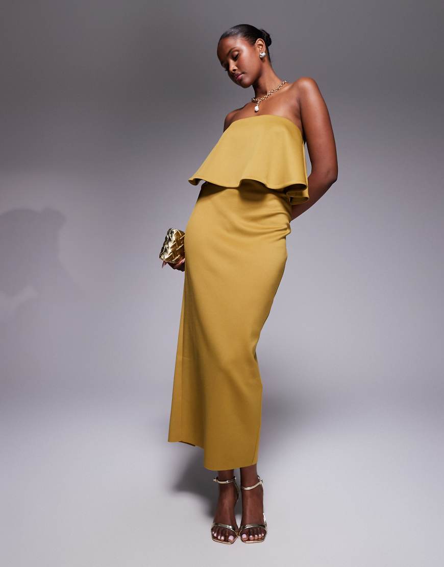 Scuba bandeau peplum midi dress in bronze-Brown
