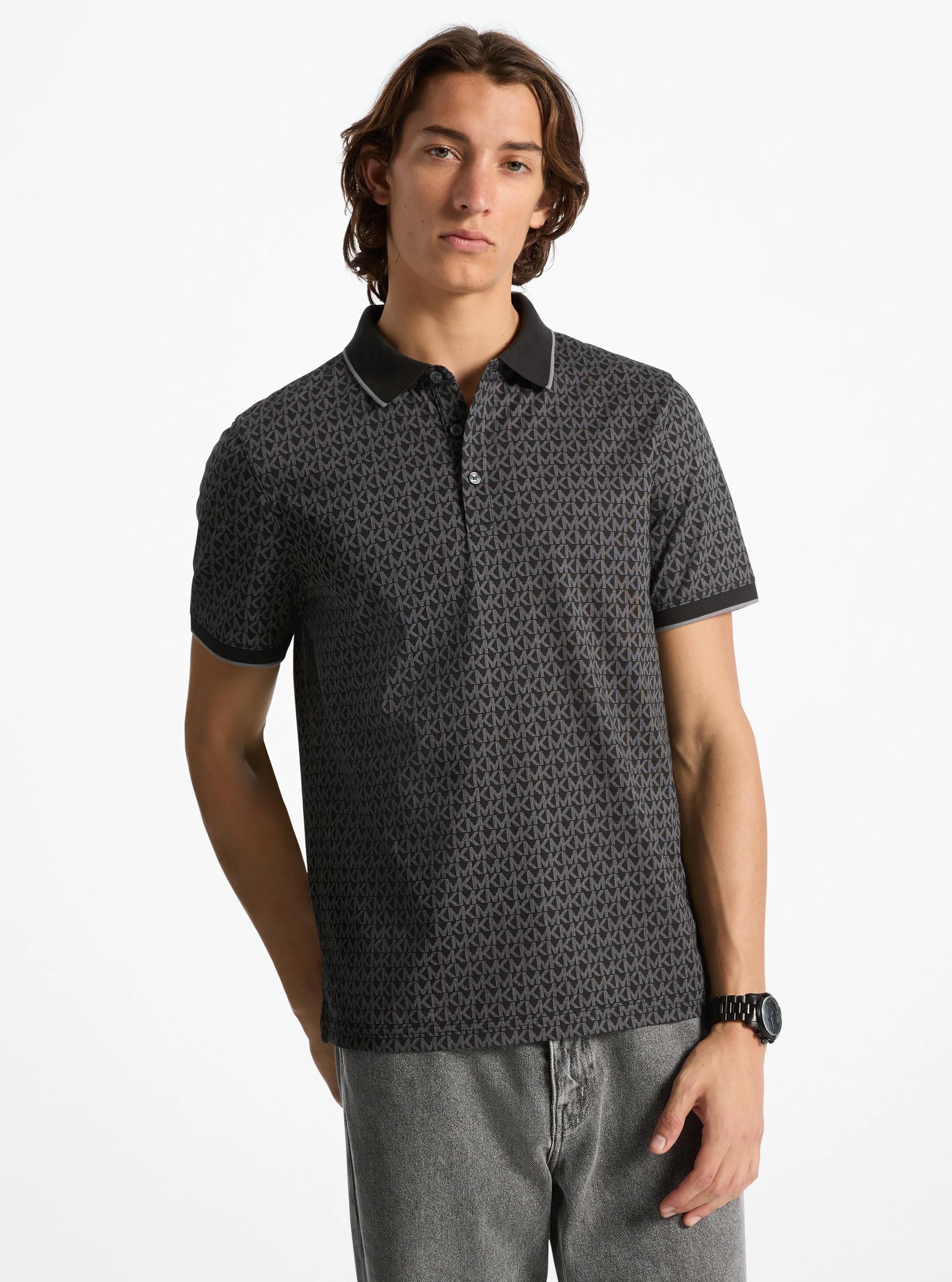Greenwich Signature Logo Print Cotton Polo Shirt in Black - size L