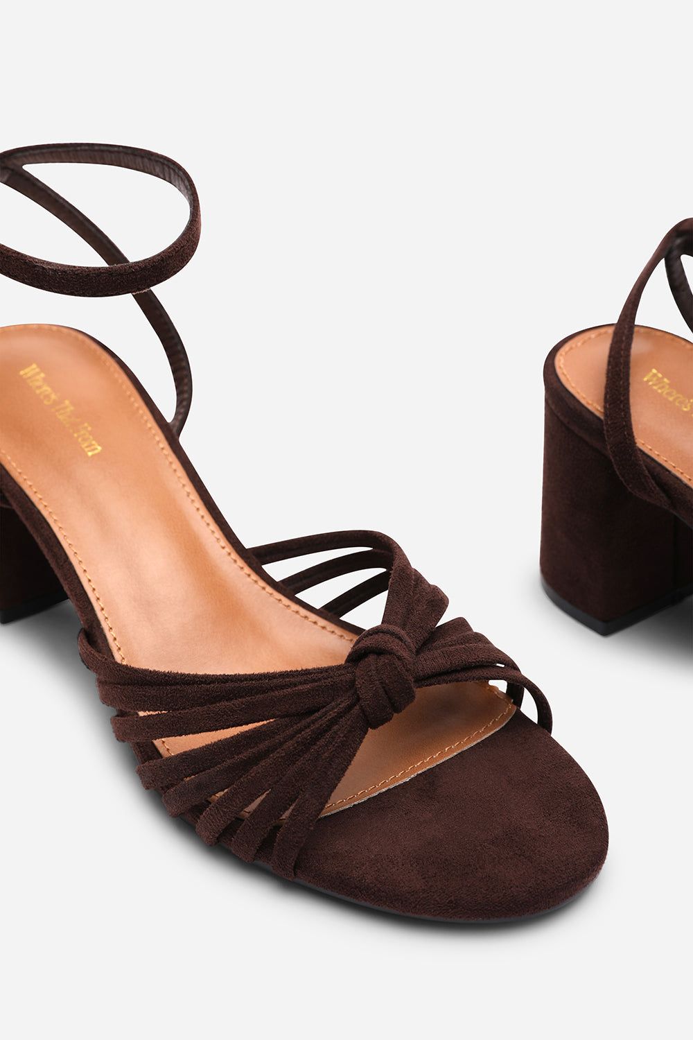 Where's That From Blossy Knotted Block Heel Sandal With Ankle Strap Suede In Dark Brown