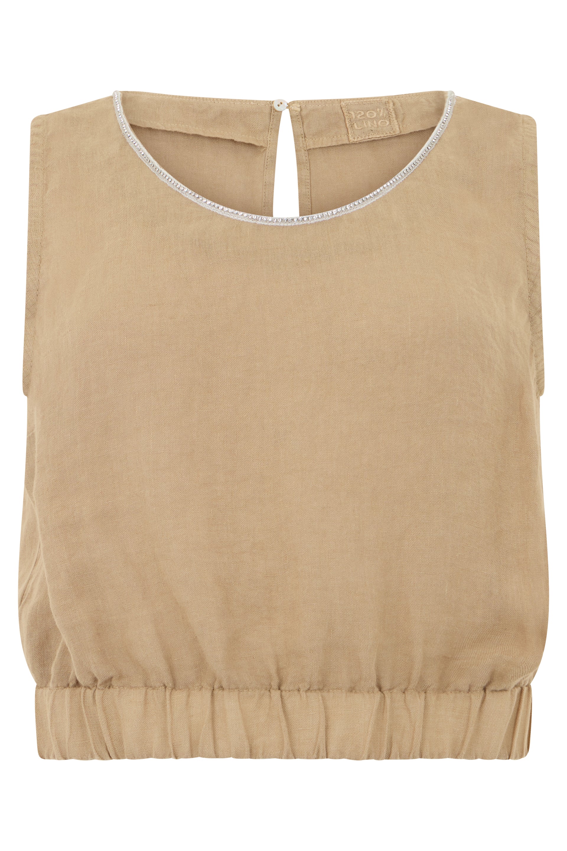 Rhinestone-Embellished Linen Crop Top