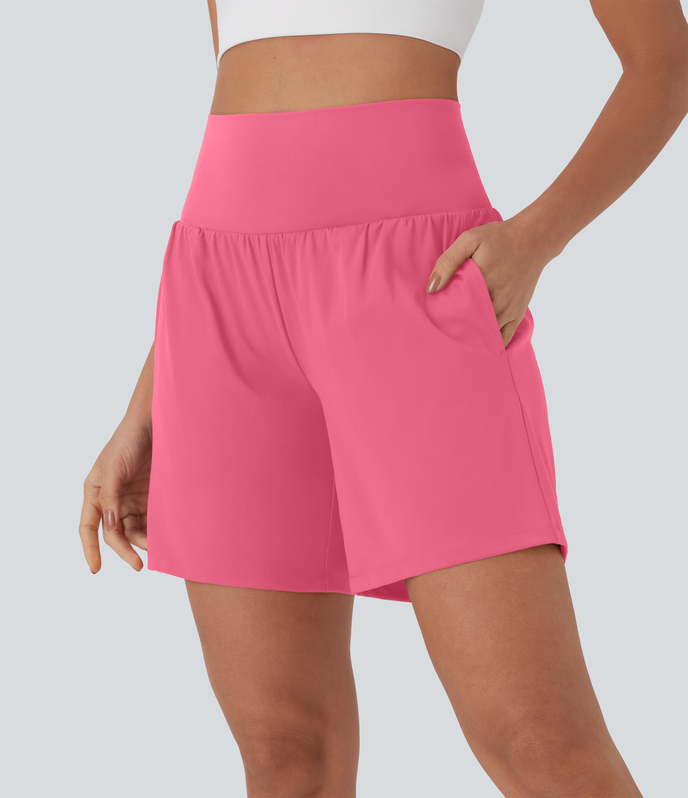 "Softlyzero™ Airy Super High Waisted 2-in-1 Cool Touch Yoga Shorts 7"" with Pockets Gym Short - Pink Lemonade