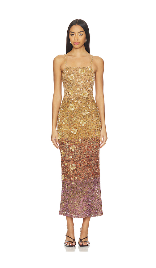 LA FUORI Alessia Sovereign Ombre Midi Dress in Metallic Gold. L. Also in