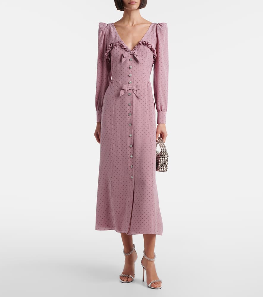 Polka-dot ruffled silk midi dress