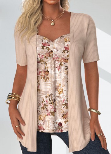 Modlily Skin Color Floral Print Fake Two Piece Twinset