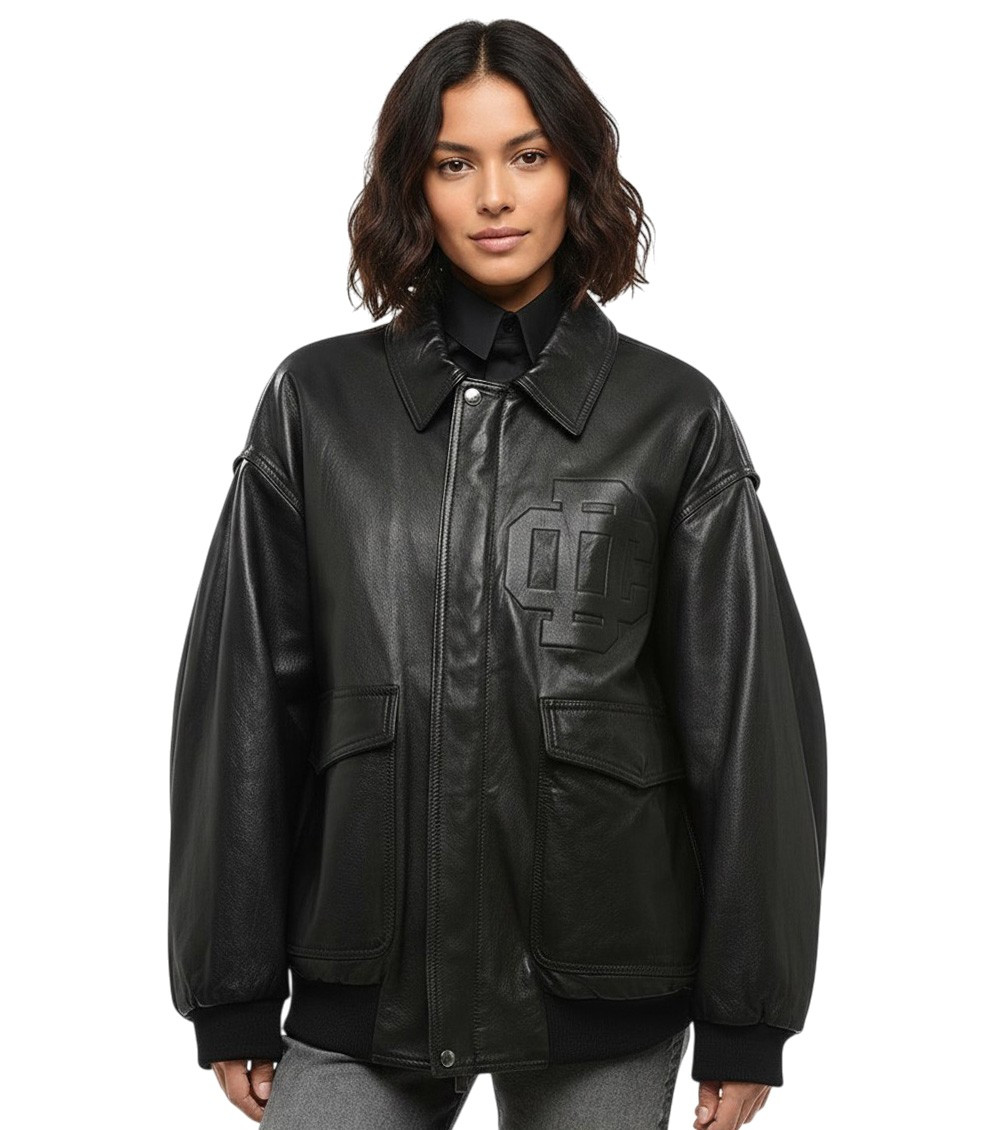 Classic Leather Bomber Jacket In Black