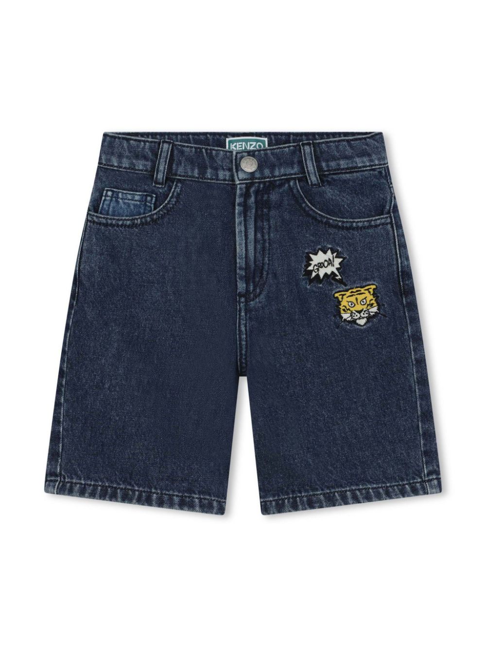 Tiger-embroidered mid-rise denim shorts - Blue