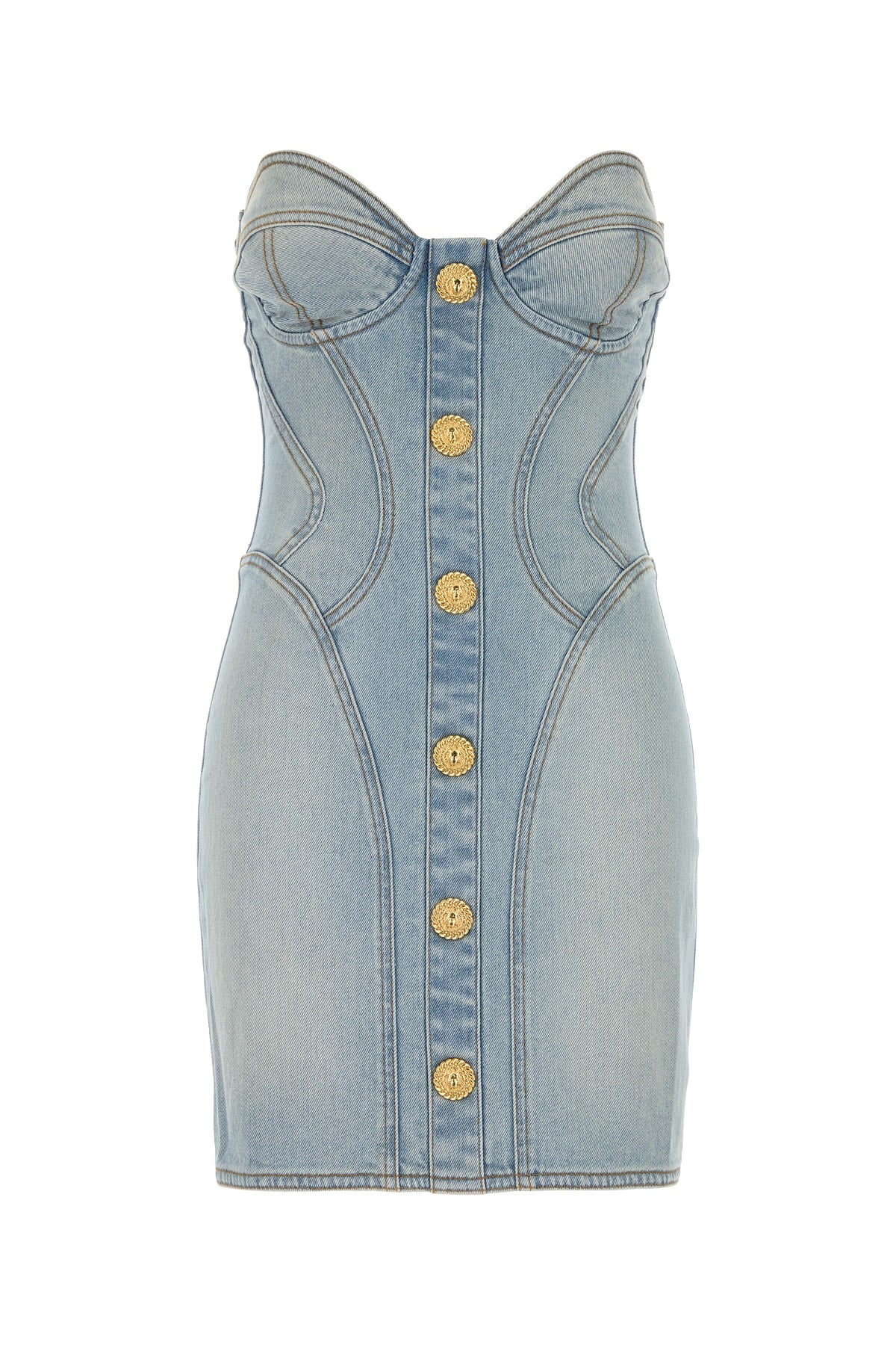 Button-Front Denim Corset Dress — Blue