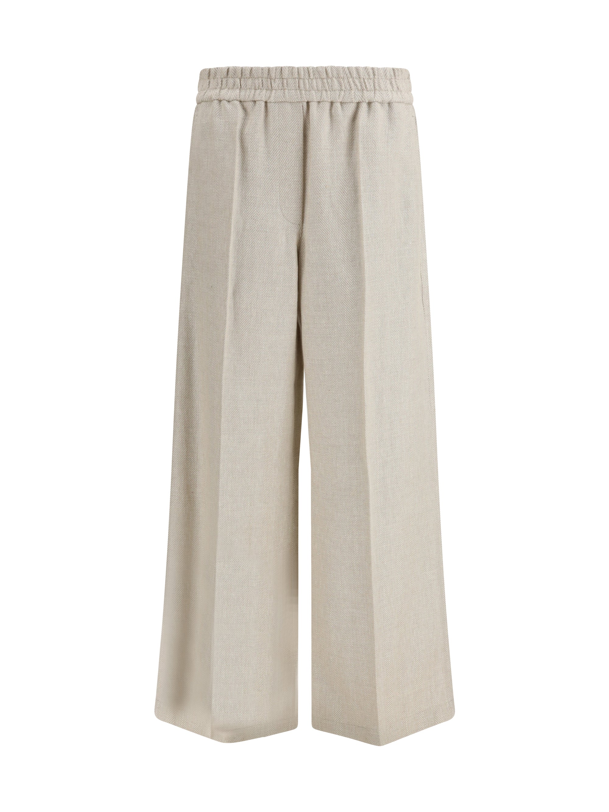 Elasticated-Waistband Linen Trousers — Beige