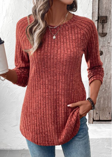 Modlily Brick Red Curved Hem Long Sleeve T Shirt