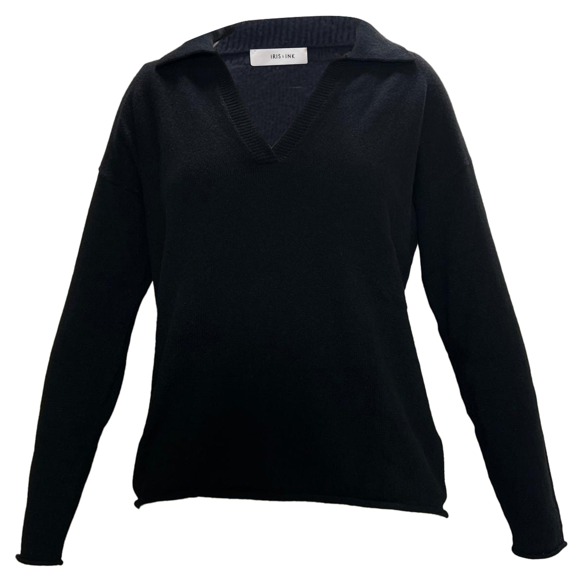 Collared V-Neck Sweater in Black Wool