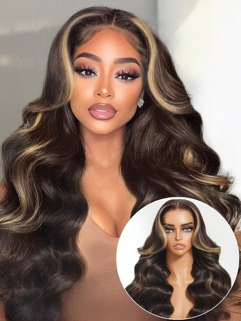 18'' Chocolate Brown With Highlights Loose Wave Wig 7X5 Bye-bye knots With Face Framing Layers Member Only