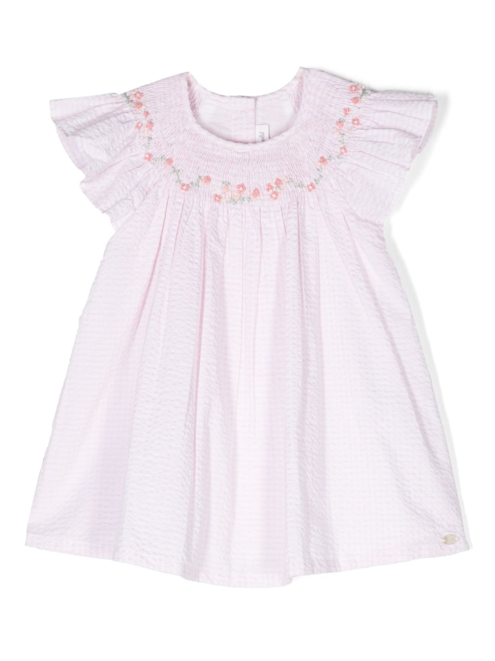 Floral-appliqué seersucker dress - Pink