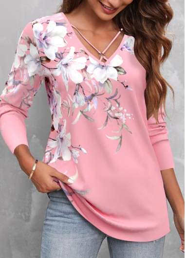 Modlily Pink Circular Ring Floral Print T Shirt