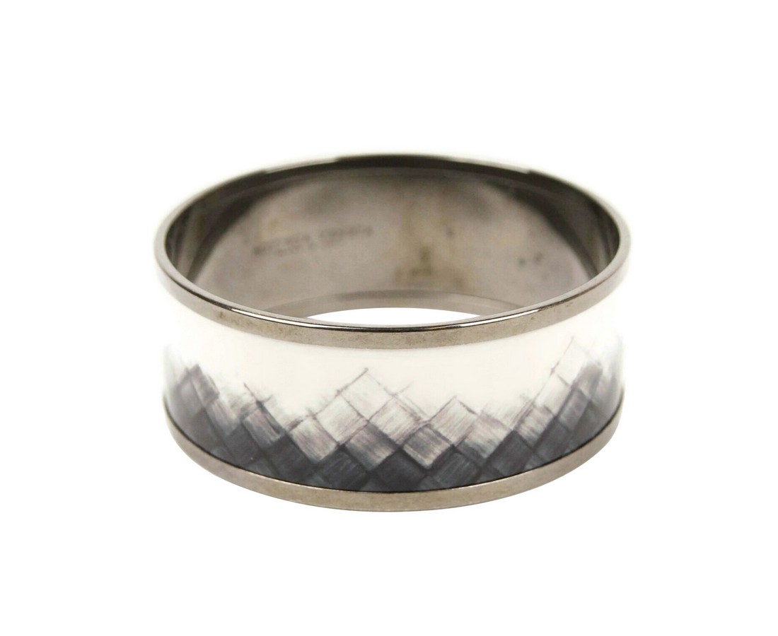 Bottega Veneta White / Black Enamel Metal Woven Silver Bracelet Sma