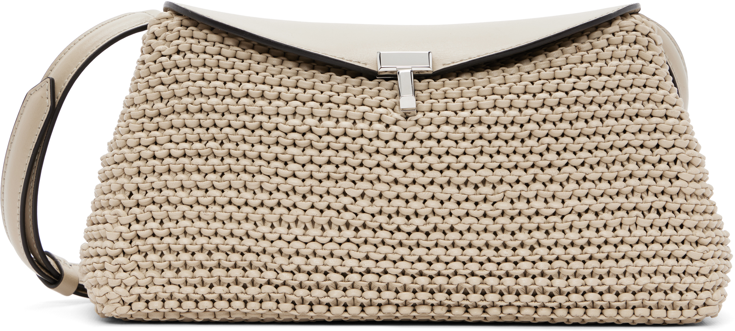 Beige T-Lock Woven-Leather Clutch