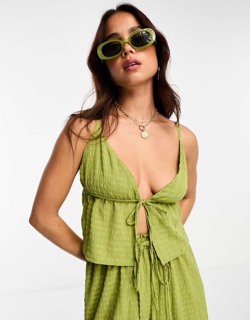 Esmee Exclusive beach textured tie front top co-ord in green