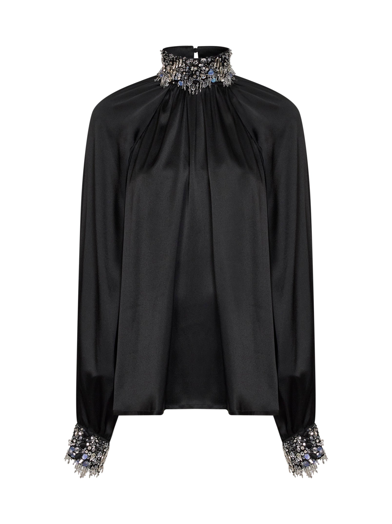 Beaded Stand-Collar Blouse — Black