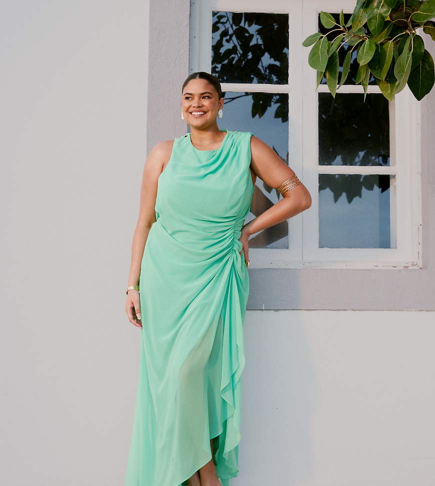ASOS DESIGN Curve gathered waist ruffle maxi dress with open back in apple green