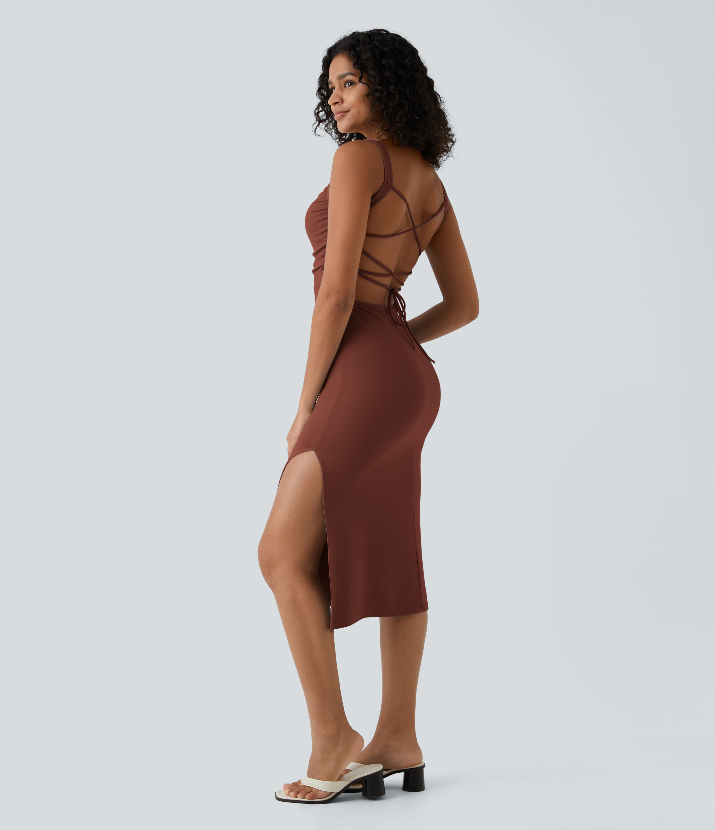 Ruched Lace Up Bodycon Midi Casual Dress Casual Dress - Sequoia