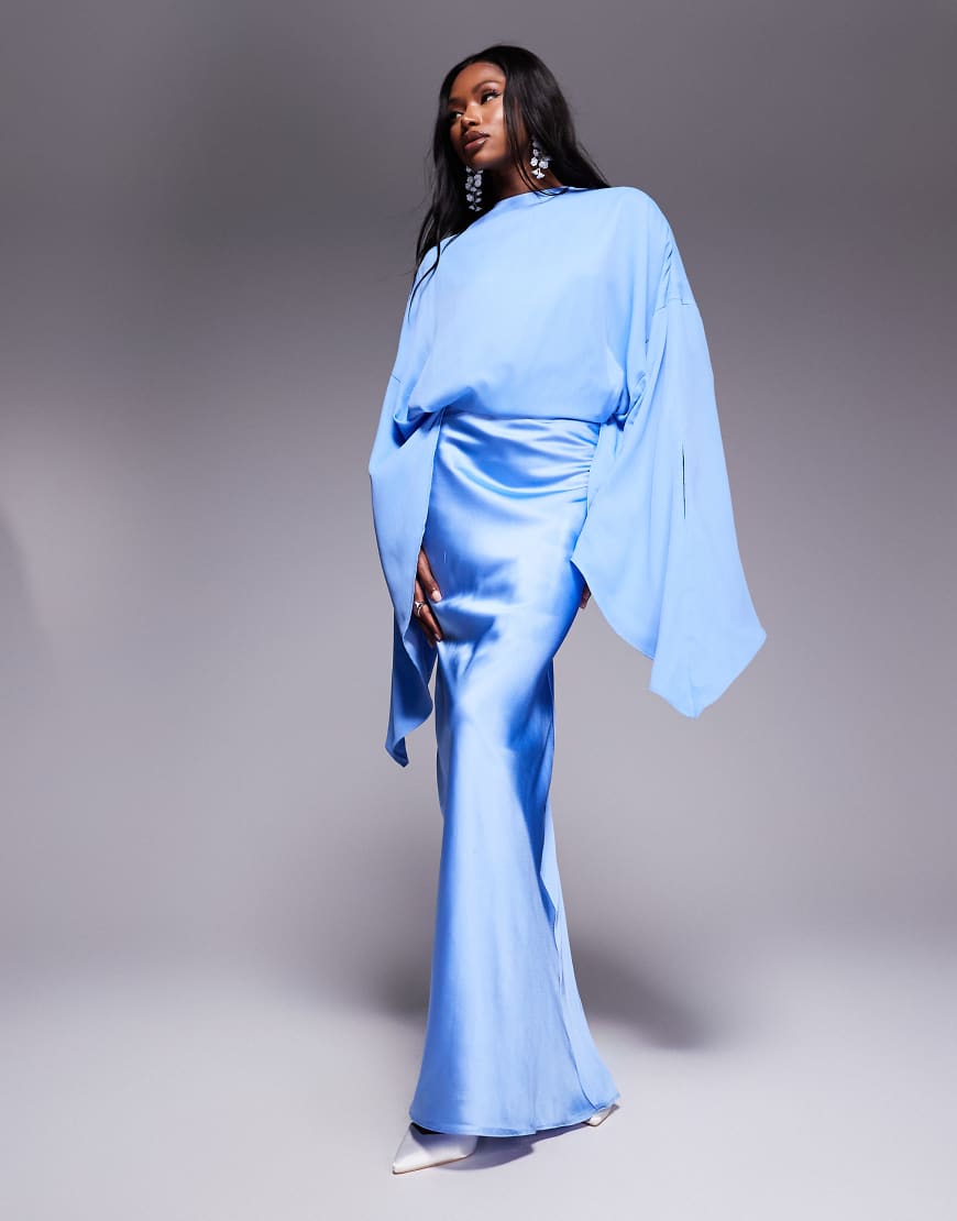ASOS DESIGN chiffon overlay satin bias maxi dress in cornflower blue