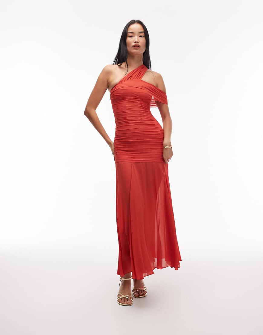 & mixed fabric maxi dress with asymmetric off shoulder and sheer hem in dark red