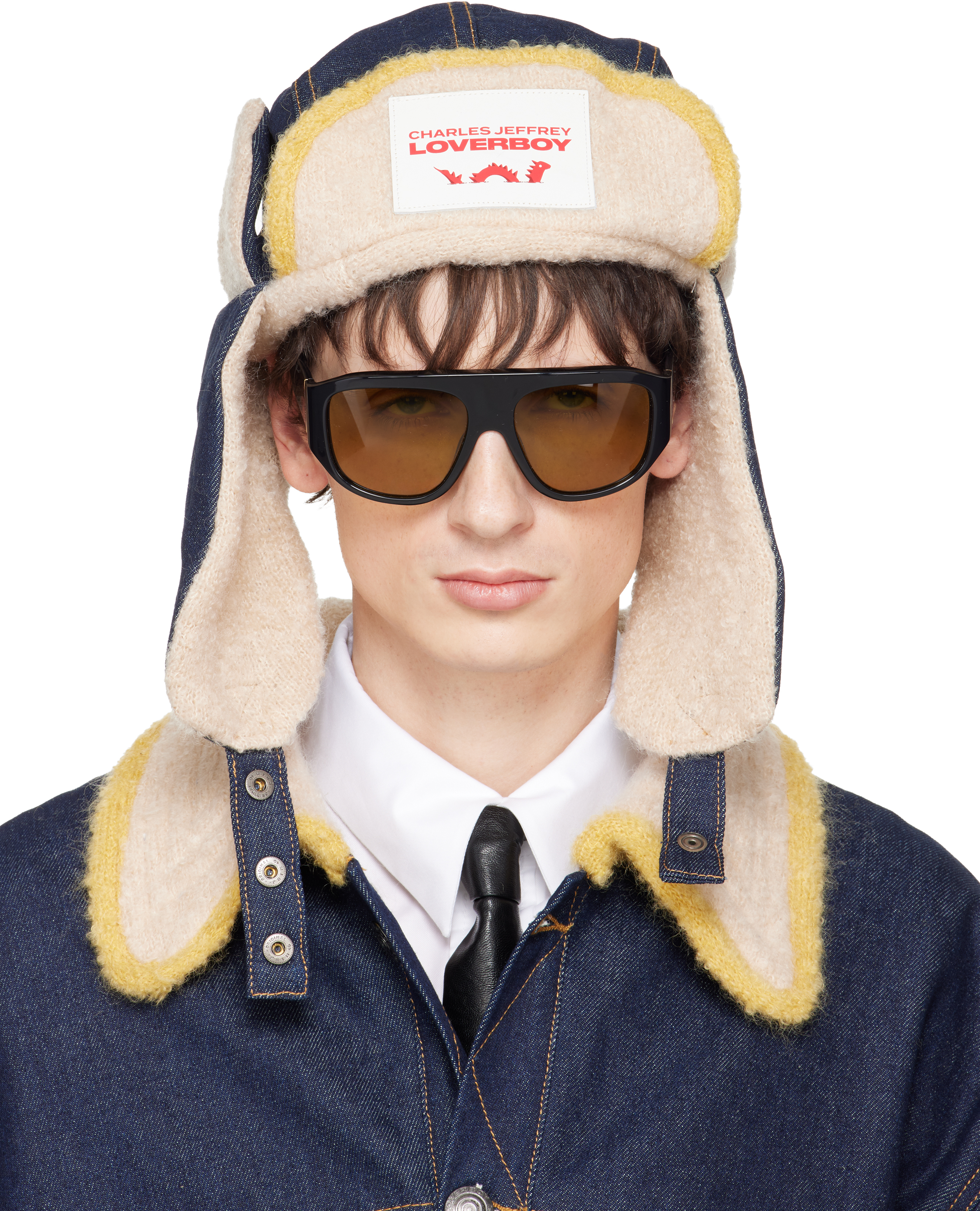 Navy & Beige Knit Patch Trapper Hat