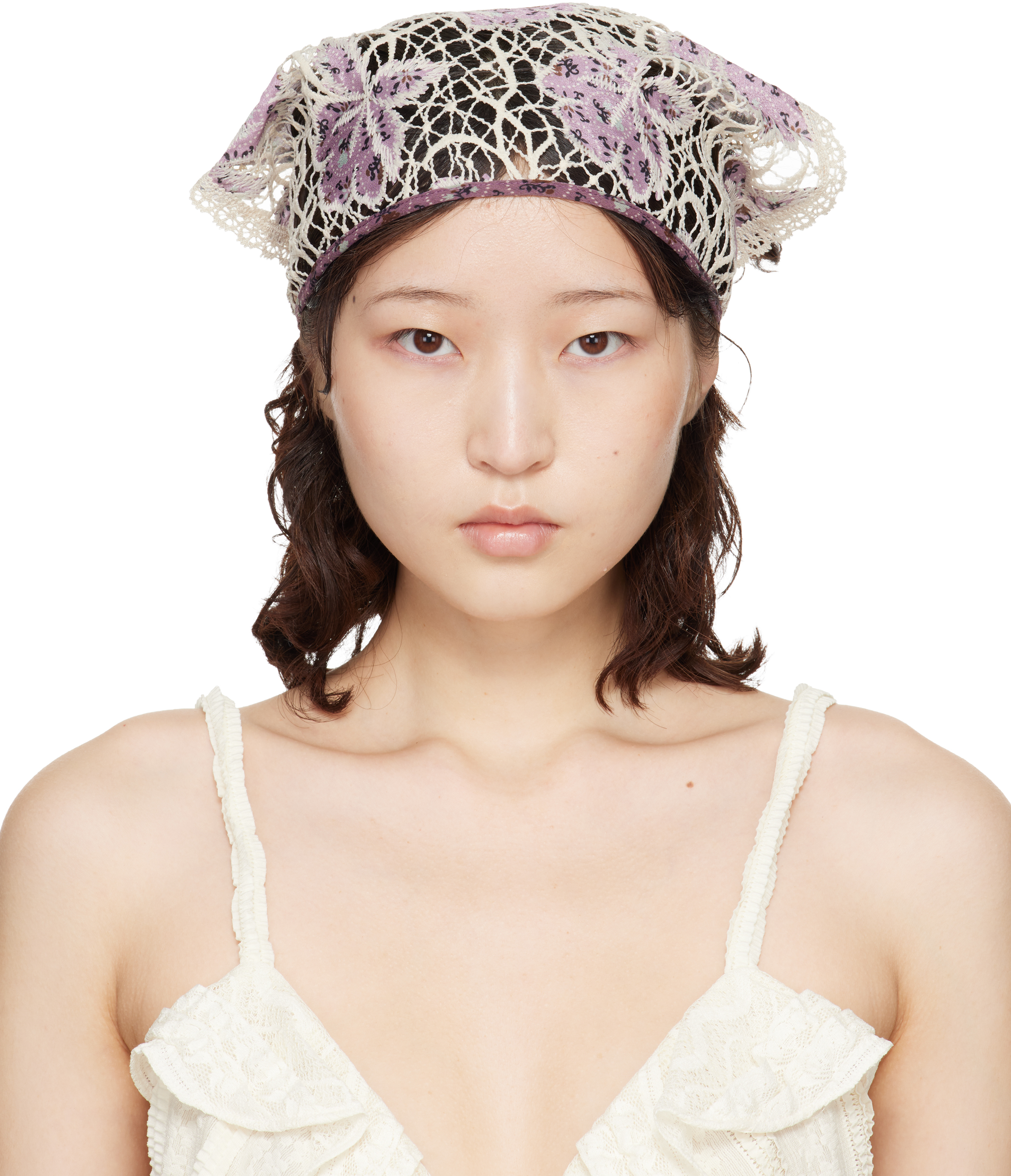 Purple & Off-White Medallion Floral Lace Headscarf