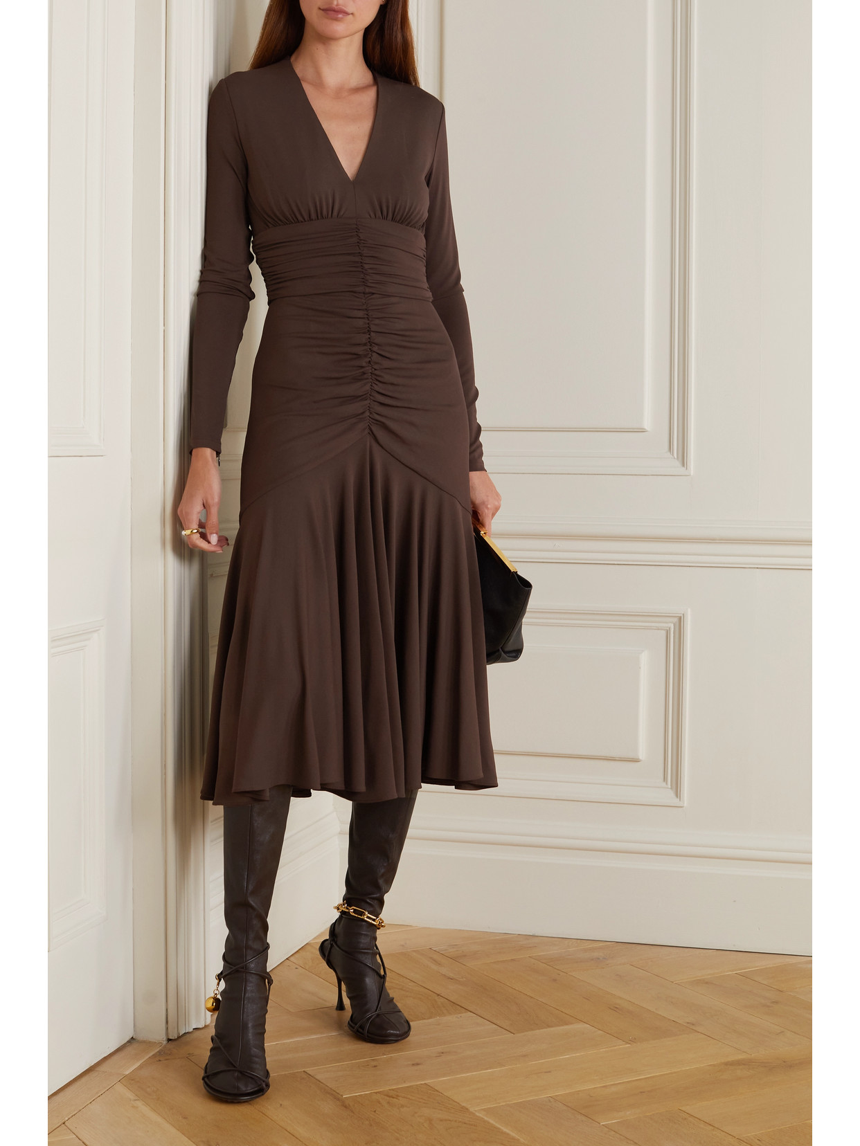 Ruched Stretch-jersey Midi Dress - Dark brown