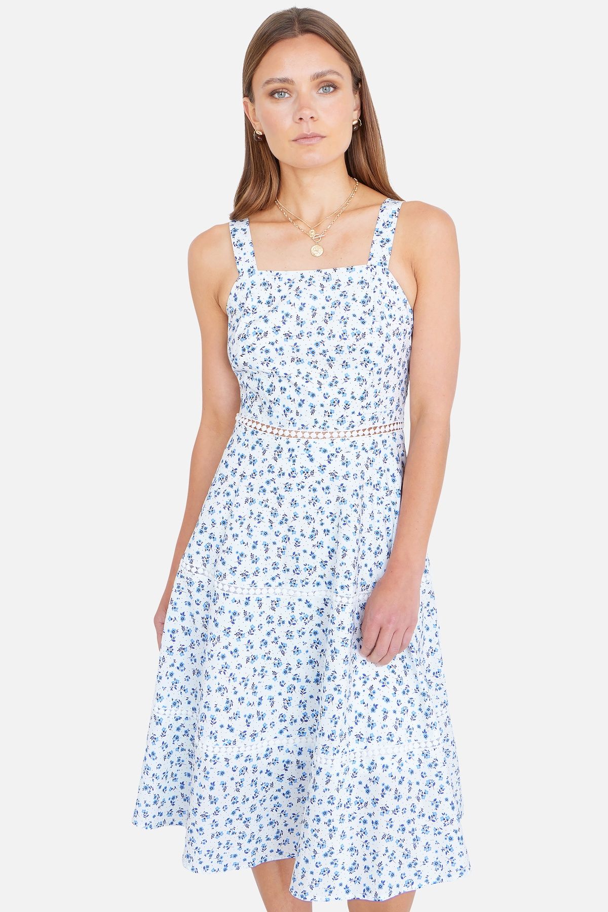 Yumi Women's White Ditsy Floral Cotton Midi Sun Dress With Lace Trims in Cool White