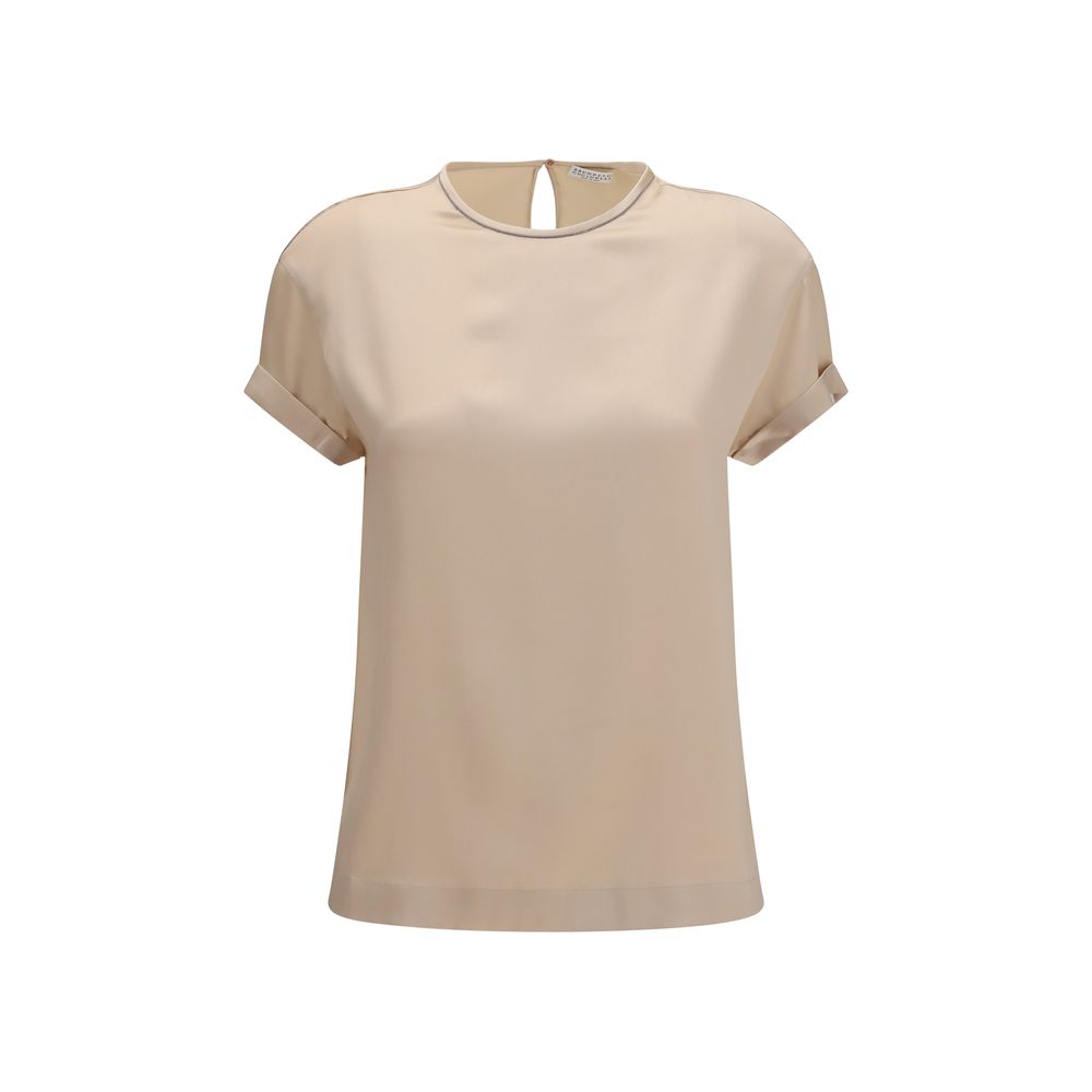 Silk Monili-Embellished Blouse — Beige