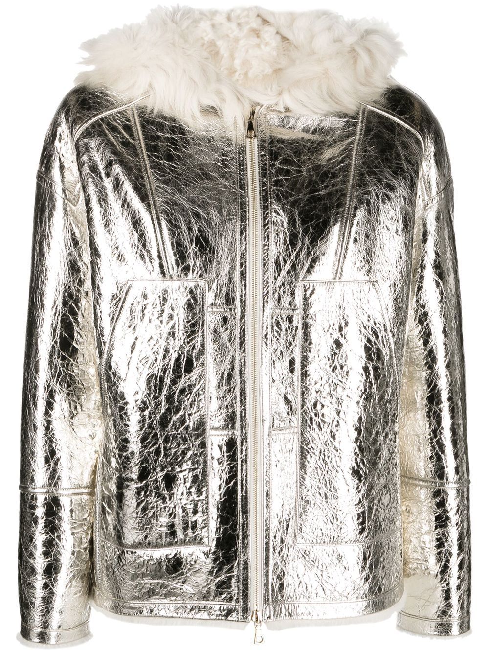 Metallic-effect zip-up leather jacket - Silver