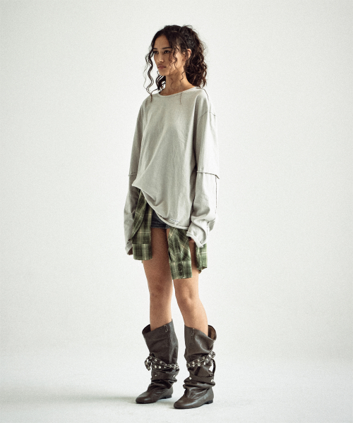 CUT-OFF LAYERED LS TEE BEIGE