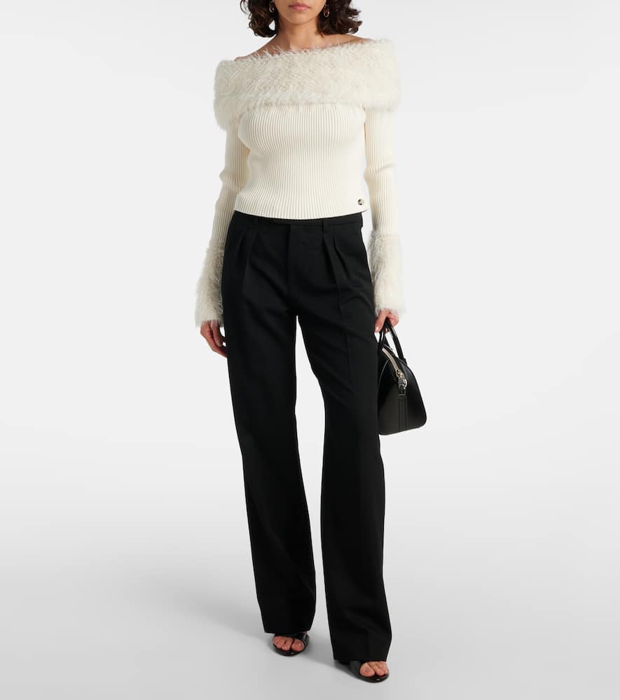 Ribbed-knit faux fur-trimmed top